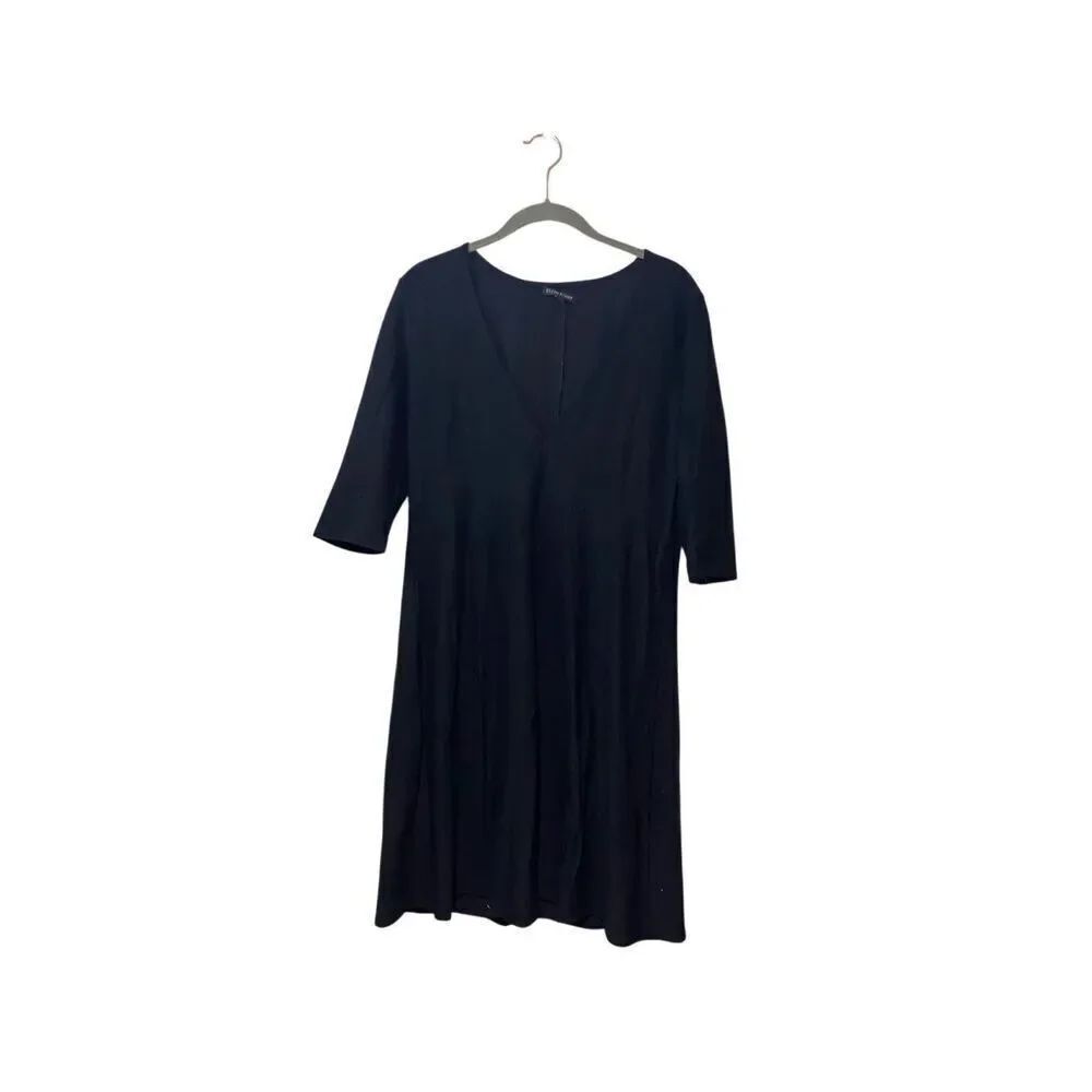 Eileen Fisher Woman’s Deep V Neck Black Fit + Flare Midi Dress S/Small